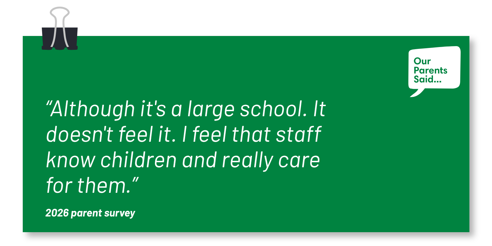 “Although it's a large school. It doesn't feel it. I feel that staff know children and really care for them.” 2026 Parent Survey Quote
